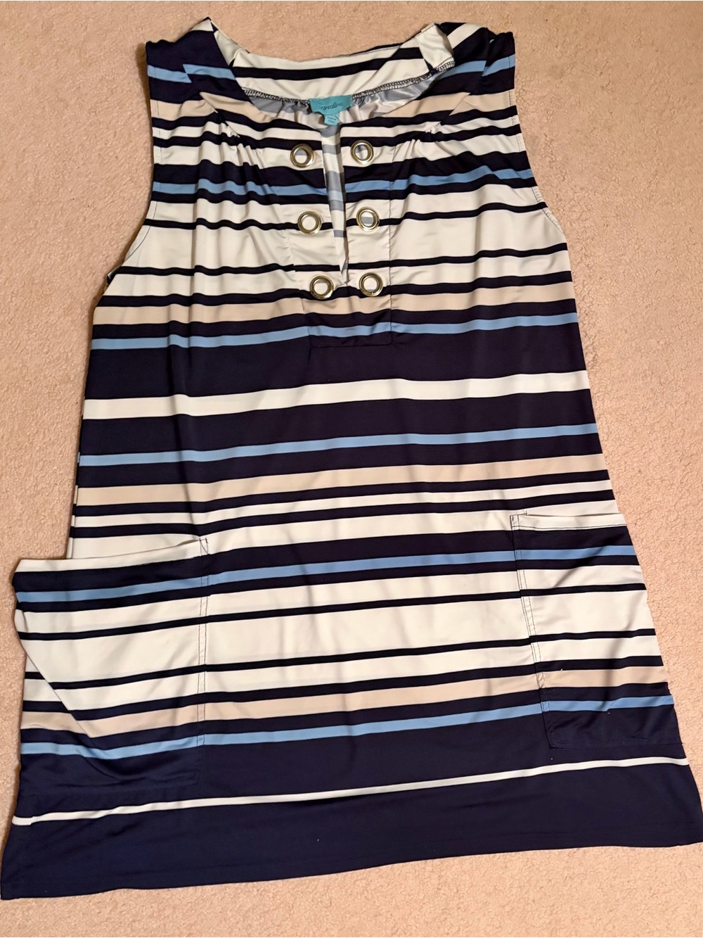 3/$20.   Sandia Blue, Black and Cream Striped Mini Dress with Pockets